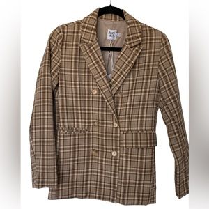 PRINCESS POLLY Women’s Double Breasted Mrs. Nancy Plaid Tan Blazer. Size: 2